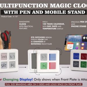 A137 – Multifunction Magic Table Clock with Tumbler | Color Changing Display | Spacious Pen Stand with Phone stand