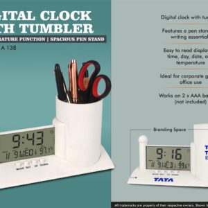 A138 – Digital Clock with Tumbler | Day & Temperature Function | Spacious Pen Stand