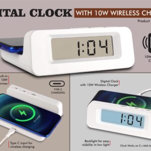 A140 – Digital Clock with 10W Wireless Charger | Type C input for charger