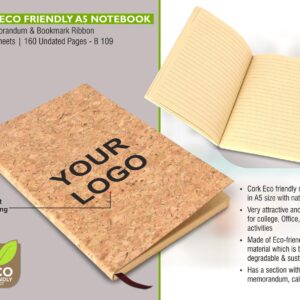 B109 – Cork Eco friendly A5 notebook with memorandum & Bookmark ribbon| 80 gsm sheets | 160 undated pages