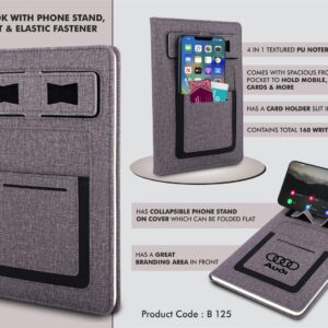 B125 – A5 notebook with Phone stand, card pocket, mobile pocket, pen loop & Elastic fastener