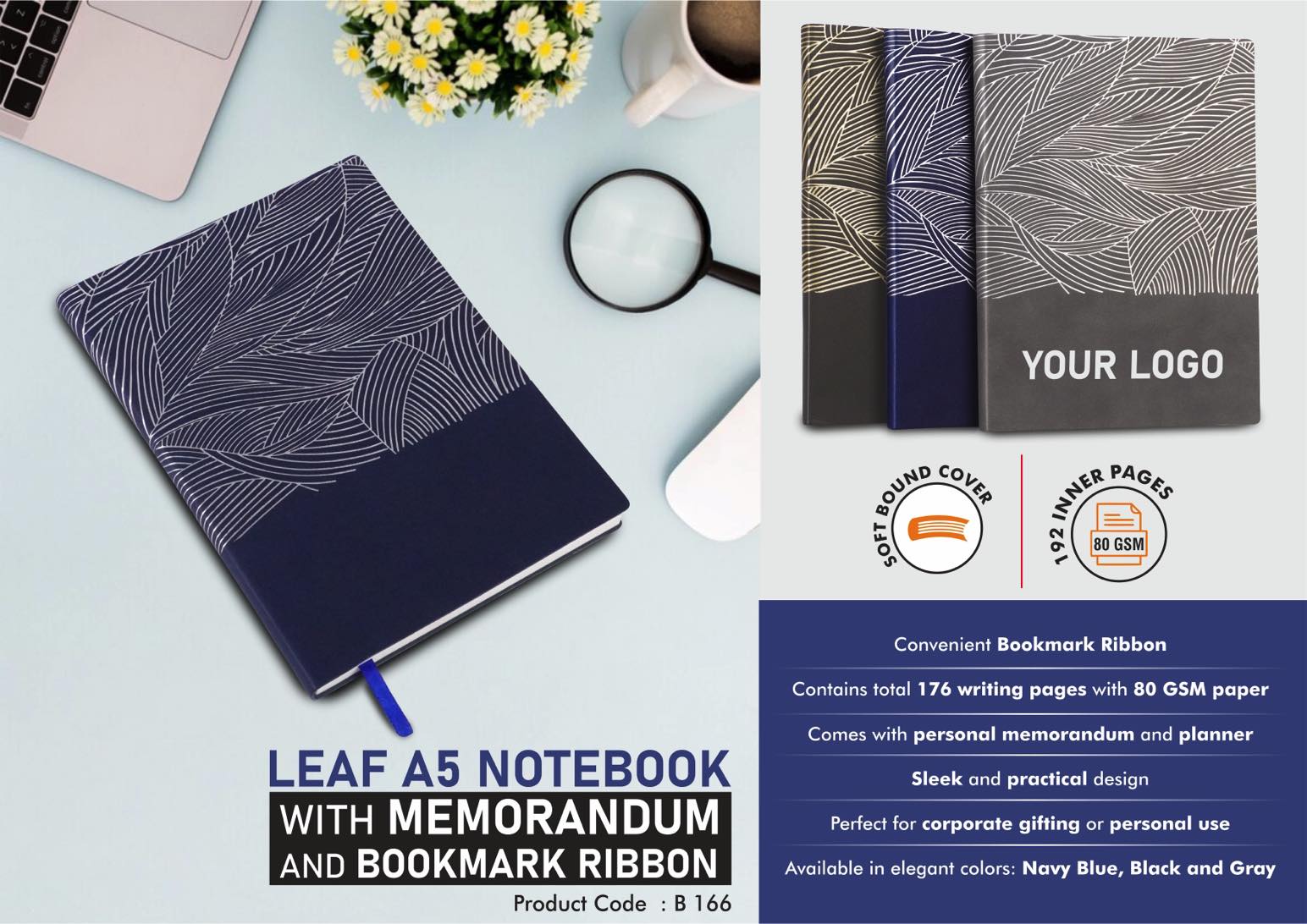 B166 – Leaf A5 Notebook with Memorandum and Bookmark Ribbon