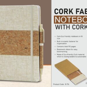 B176 – Cork fabric notebook with Cork Pen | 200 writing sheets | 80 gsm pages