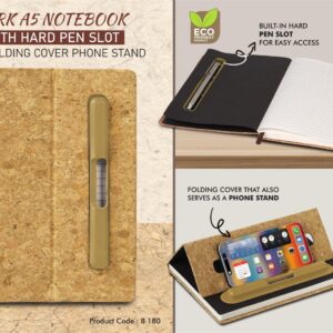 B180 – Cork A5 Notebook with Hard pen slot and Folding cover Phone Stand