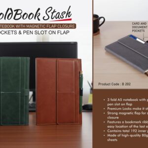 B202 – FoldBook Stash: A5 Notebook with magnetic flap closure | Pockets & Pen slot on Flap | A5 size | With memorandum & Bookmark ribbon