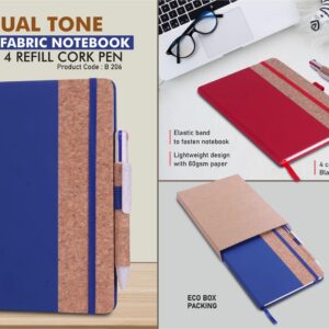 B206 – Dual tone Cork fabric notebook with Elastic Fastener & 4 refill Cork Pen | 160 inner pages | 80 gsm pages | Comes in Eco box