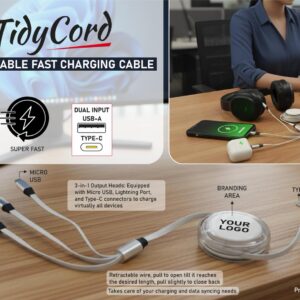 C199 – TidyCord: Retractable Fast Charging cable and 3 output heads | Dual Input and Triple Output | New Single side pull mechanism