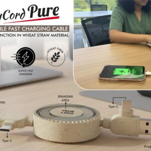 C202 – TidyCord Pure: Retractable Fast Charging cable with Data function in Wheat Straw material | Dual Input