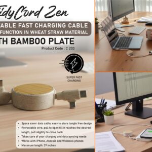 C203 – TidyCord Zen: Retractable Fast Charging cable with Data function in Wheat Straw material with Bamboo plate | Dual Input