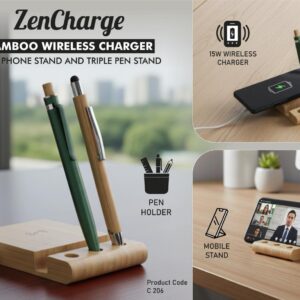 C206 – ZenCharge: Bamboo Wireless Charger with phone stand and triple pen stand | 15W wireless charger