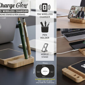 C207 – ZenCharge Glow: Bamboo Wireless Charger with Logo Highlight | Has a phone stand and pen stand | 15W wireless charger