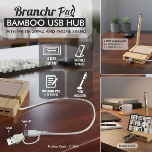 C208 – Branchr Pad: Bamboo USB hub with Writing pad and Phone stand | 120 writing sheets