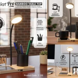 C210 – GlowNest Pro: Bamboo Table top with Cup warmer, LED Lamp, Metal Pen holder, Phone stand & Perpetual calendar