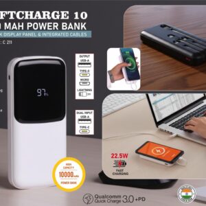 C211 – SwiftCharge 10: 10,000 mAh Power bank with black display panel & Integrated cables | With 1 USB A & 1 USB C port | 22.5W Fast charging | Supports Qualcomm 3.0 + PD charging