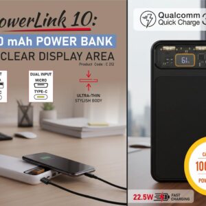 C212 – PowerLink 10: 10,000 mAh Power bank with Clear display area | Output ports: 2 USB A, 1 USB C, 1 Micro USB | 22.5W Fast charging | Supports Qualcomm 3.0 + PD charging