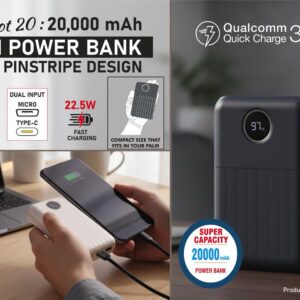 C213 – VoltDot 20: 20,000 mAh Mini Power bank with Pinstripe design | Round display area | Output ports: 2 USB A, 1 USB C | 22.5W Fast charging | Supports Qualcomm 3.0 + PD charging