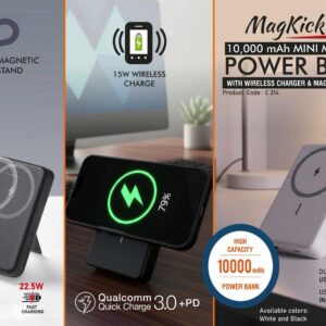 C214 – MagKick 10: 10,000 mAh Mini Magnetic Power bank | With Wireless Charger & Magnetic Kickstand | 15W wireless charging | Output ports: 1 USB A, 1 USB C | 22.5W Fast charging | Supports Qualcomm 3.0 + PD charging |
