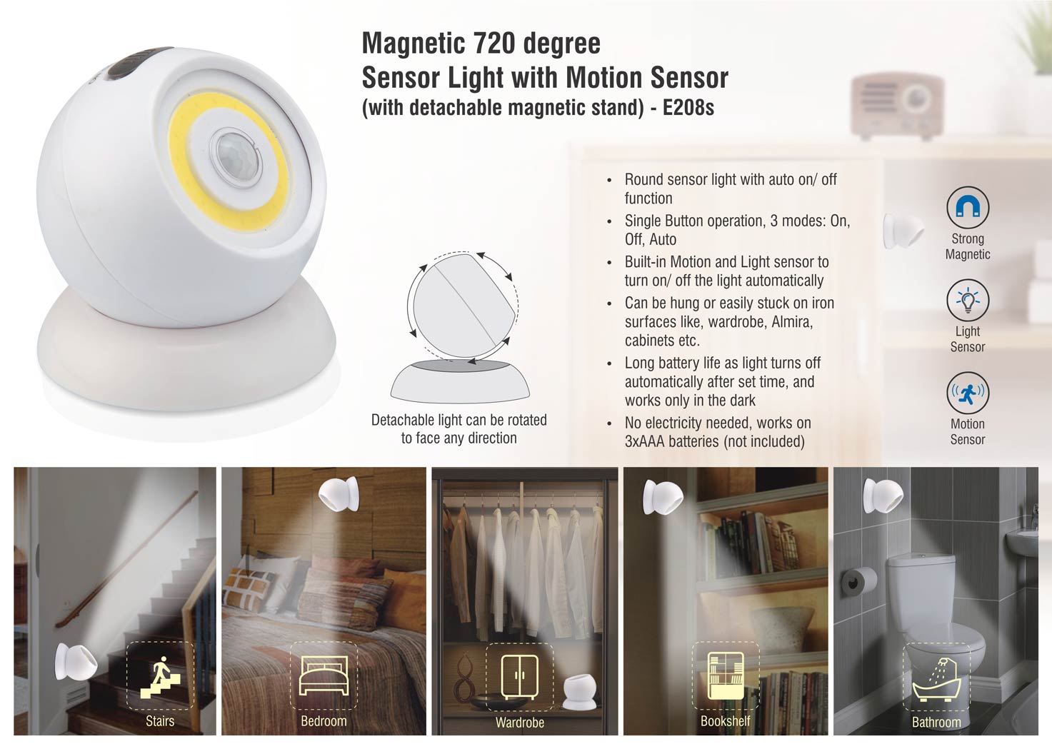 E208s – Magnetic 720 degree Sensor light with motion sensor (with detachable magnetic stand)