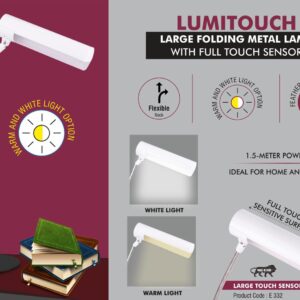 E332 – LumiTouch: Large folding Metal lamp with Full touch sensor | Warm and White Light option | Smooth dimmer function