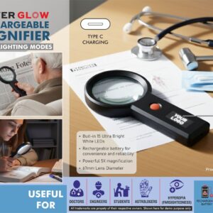E350a – PowerGlow Rechargeable Magnifier with 3 lighting modes & Glowing Black Logo plate | Type C charging