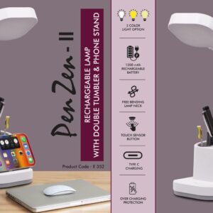 E352 – PenZen II: Rechargeable lamp with Double tumbler & Phone stand | 3 Color light with Brightness adjustment | Type C Charging