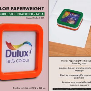 E359 – Tricolor Paperweight with Double Side branding area | Branding size 6×6 cm approx | Branding MOQ 300 pc