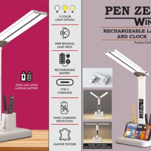 E360 – PenZen Wing: Rechargeable lamp with Dual tumbler | Clock with Temperature & Date | Double Lamp Heads | Phone stand function | 2000 mAh battery for long working time