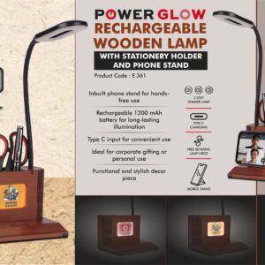 E361 – PowerGlow Wooden 3 step Dimmer Lamp With Glowing Multicolor Logo plate & Phone stand | Rechargeable 1200 mAh battery | Type C input | Branding MOQ 200 pc