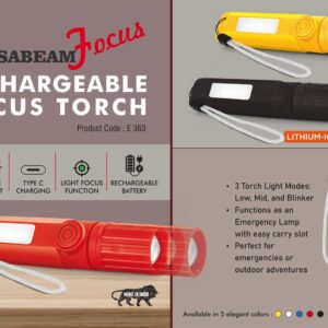 E363 – VersaBeam Focus: Rechargeable Focus Torch with 2 Light modes, Blinker and Emergency Lamp | Type C Charging | With Carabiner