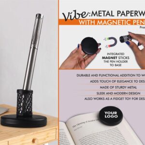 E375 – Vibe: Metal Paperweight with Magnetic Pen Stand