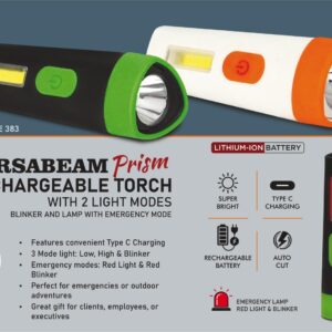 E383 – VersaBeam Prism: Rechargeable Torch with 2 light modes, Blinker and Lamp with Emergency mode | Type C Charging