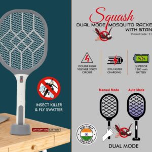 E386 – Squash: Dual Mode Mosquito racket with stand | UV Light I Insect Killer & Fly Swatter I 1200 mAh rechargeable Battery