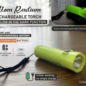 E392R – Atom Radium: Rechargeable torch with Glow in the Dark function | Type C charging | 600 mah battery | 4 hour working on single charge