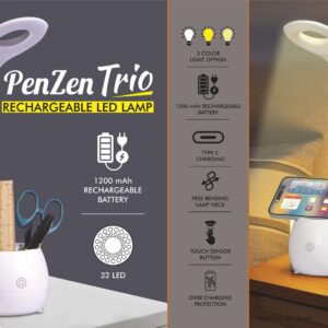 E404 – PenZen Trio: Rechargeable LED lamp with Pen stand tumbler and Phone stand | 3 Color light with Brightness adjustment | Type C Charging | 1200 mAh battery