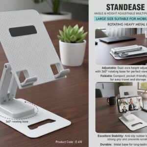 E410 – StandEase XL: Angle & Height adjustable multipurpose stand | Large size suitable for mobile & tablets | Rotating Heavy metal base | Foldable body