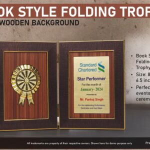 F16 – Book Style Folding Trophy with Award Motif | 8.5 x 6.5″ | Wooden Background