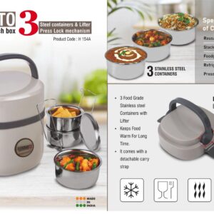 H154a – Bento Travel Lunch box with 3 Steel containers & Lifter | Press Lock mechanism