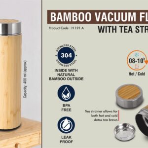 H191a – Stainless steel Bamboo Vacuum flask with Tea Strainer | Capacity 400 ml approx