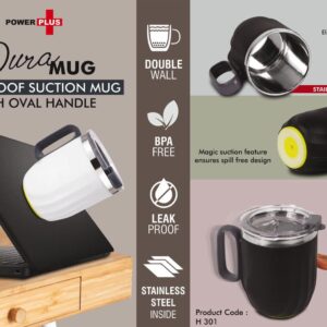 H301 – DuraMug: Spill Proof Suction mug with Oval handle | Capacity 350ml approx