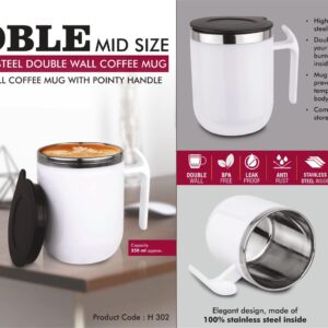H302 – Noble: Mid Size Stainless Steel Double wall Coffee mug with Pointy handle | Leak Proof | Capacity 250ml approx