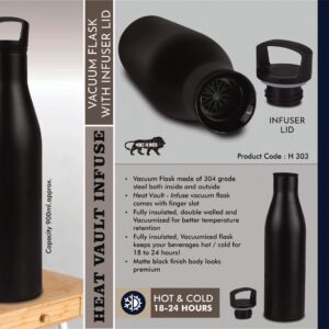 H303 – HeatVault Infuse: 900 ml vacuum flask with infuser lid | 304 steel inside & outside | 18 hours hot/cold