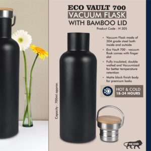 H305 – EcoVault 700: 700 ml vacuum flask with Bamboo lid | 304 steel inside & outside | 18 hours hot/cold