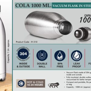 H310 – Cola 1000 ml Vacuum flask in Steel Finish | 304 steel inside & outside | 18 hours hot/cold