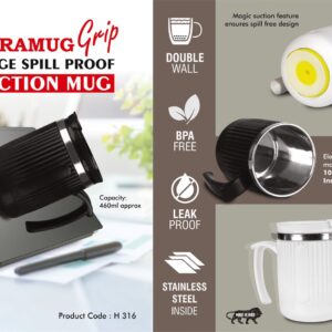 H316 – DuraMug Grip: Large Spill Proof steel Suction mug with Flip Top Lid | Capacity 460ml approx | Stainless steel inside