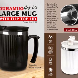 H317 – DuraMug Grip Lite: Large steel mug with Flip Top Lid | Capacity 460ml approx | Stainless steel inside
