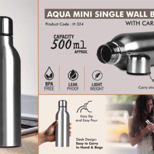 H324 – Aqua Mini Single Wall Steel Bottle with Carry strap