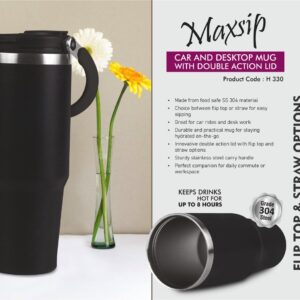 H330 – MaxSip: Car and Desktop Vacuumized Mug with Double action Lid | Flip top & Straw options | Food safe SS 304 | Capacity 890ml approx