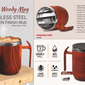 H332 – Noble Woody Mug: Stainless Steel Double wall Coffee mug with Wooden Finish | Leakproof | Capacity 460ml approx