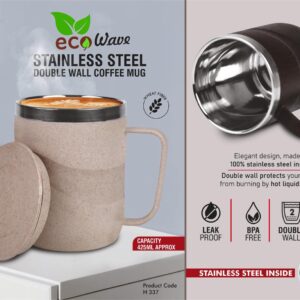 H337 – EcoWave: Stainless Steel Double wall Coffee mug | Outer body made of Wheat & Rice husk | Leak Proof | Capacity 425ml approx