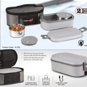 H338 – ThermoBite Slim: Electric Lunch Box with 2 Steel Containers | Carry Bag included